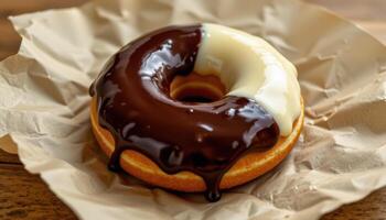 close up view of a two toned donut split between chocolate and vanilla glaze resting on paper. photo