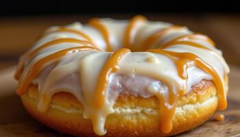 close up view of a donut with thick vanilla glaze, caramel drizzle, and a soft golden base. photo