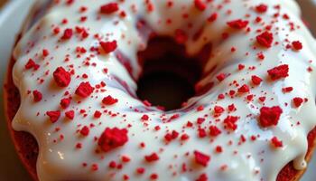 close up view of a red velvet donut topped with cream cheese glaze and red crumbs. photo