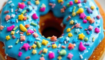 close up view of a donut topped with bright blue icing and star shaped sprinkles. photo