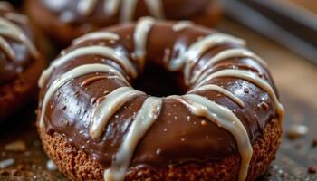 close up view of a donut made with chocolate dough, filled with custard, and topped with glaze. photo