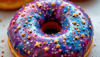 close up view of a donut with galaxy style icing and tiny stars painted with edible shimmer. photo