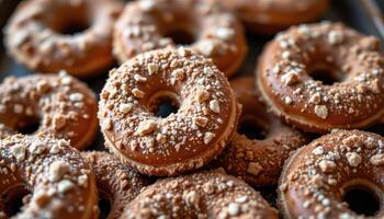close up view of classic ring donuts coated in fine cinnamon sugar and perfectly round edges. photo