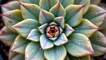close up view of a flowering succulent with sharp geometric patterns, pale pink petals, and textured, waxy leaves. photo