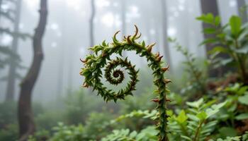 close up view of a wet fern spiraling open against a foggy forest backdrop. photo
