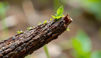 close up view of new green growth emerging from the top of a woody stem. photo