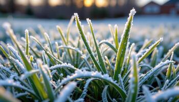close up view of frost covered grass blades under the pale light of dawn. photo