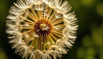 close up view of dandelion seeds about to disperse, each filament lit by golden light. photo