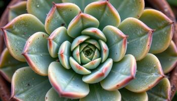 close up view of a succulent's rosette pattern with clean symmetry and color depth. photo