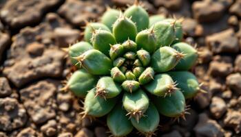 close up view of a rosette shaped cactus showing fine spines and dusty textures against a dry, cracked earth background. photo