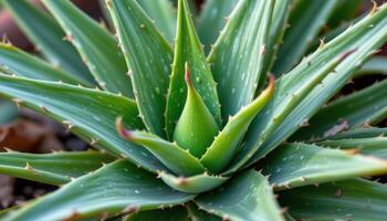 close up view of a flowering aloe vera plant with thick leaves and sharp edges. photo