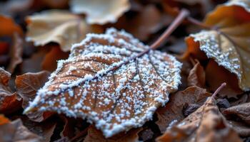 close up view of frost forming crystal patterns on fallen autumn leaves. photo
