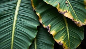 close up view of overlapping banana leaves showing their bold structure, rich green tones, and subtle natural decay. photo