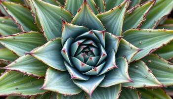 close up view of a large agave plant with sharp leaves arranged in a spiral. photo