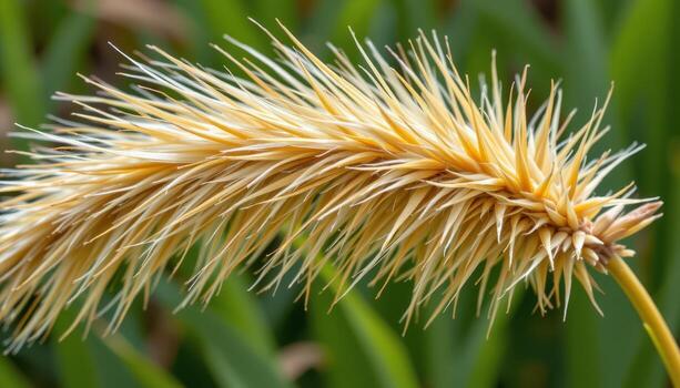 close up view of a grass seed head in its final bloom, with feathery texture. photo