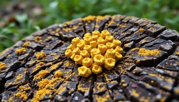 close up view of yellow lichen growing on an old tree stump. photo