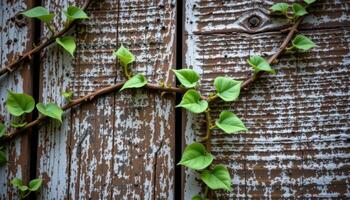 close up view of ivy tendrils climbing across aged wood with contrast and clarity. photo