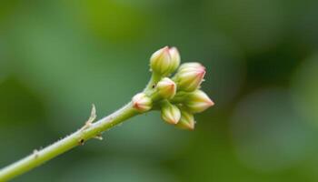 close up view of tiny flower buds just starting to emerge from a slender stem. photo