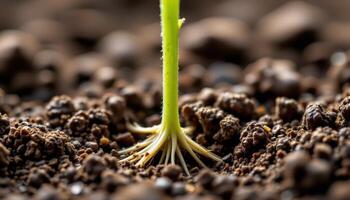 close up view of tiny roots sprouting from a young seedling in moist soil. photo