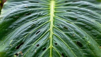 close up view of a thick tropical plant leaf with symmetrical perforations and veins. photo