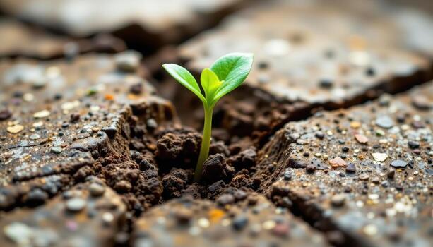close up view of a single sprout breaking through cracked earth, symbolizing resilience and natural emergence. photo