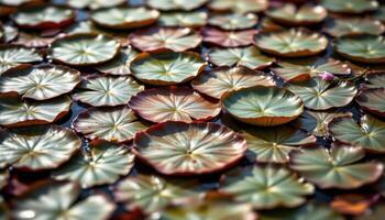 close up view of layers of lily pads arranged in overlapping circles. photo