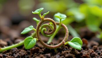 close up view of a sprouting vine coiling around itself with fresh leaves unfurling in slow motion. photo