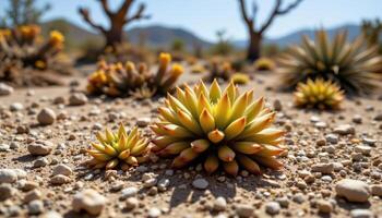close up view of dry desert flora including clustered succulents and gritty soil textures under intense midday sun. photo
