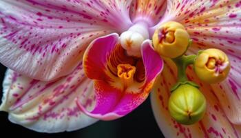 close up view of a single curled orchid petal resting beside a cluster of buds, showcasing elegant shapes and color. photo