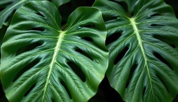 close up view of large monstera leaves with iconic holes, strong lines, and smooth gradient shadows under diffuse lighting. photo