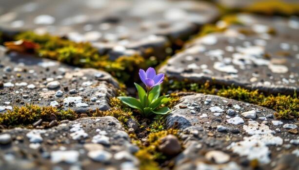close up view of a violet flower blooming between cracks in an old stone path surrounded by moss and tiny weeds. photo