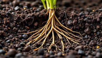 close up view of young plant roots weaving through moist soil, showcasing the raw energy of growth and connection. photo