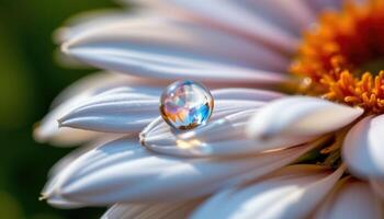 close up view of a daisy petal's tip slightly bent under the weight of a glistening water droplet in soft afternoon light. photo