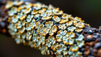 close up view of lichen growing in intricate fractal like patterns on a tree branch. photo