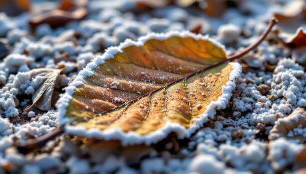 close up view of frost outlining every edge of a fallen leaf on a cold morning. photo