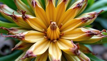 close up view of a banana flower's curled structure surrounded by emerging fruit. photo