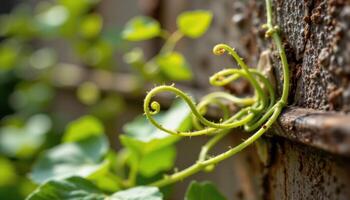 close up view of young vine tendrils reaching outward in search of support with visible motion tension. photo