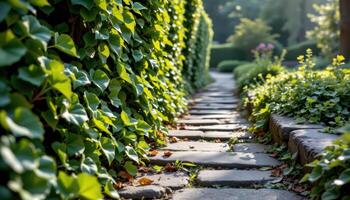close up view of a wild ivy covered stone pathway with rich green saturation and light interplay. photo