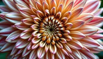 close up view of the textured petals of a blooming chrysanthemum with densely packed layers. photo