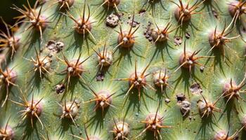 close up view of a prickly pear cactus pad with visible spines and sunlit skin texture. photo