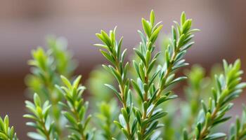 close up view of rosemary sprigs stretching upward with needle like leaves in sharp focus. photo