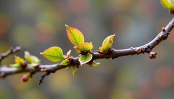 close up view of tender new leaves forming at the tip of a budding tree branch in early spring. photo