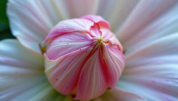 close up view of a partially opened bud revealing tightly folded petals and tiny pollen grains. photo