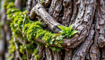 close up view of a twisted woody vine trunk covered in creeping moss and new green growth. photo