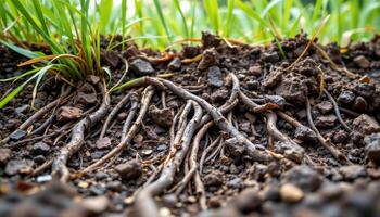 close up view of tangled grass roots exposed during soil erosion. photo