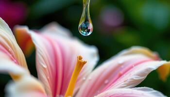 close up view of a single lily petal bending under the weight of a clear raindrop. photo