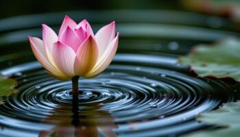 close up view of an unopened lotus flower sitting above rippling water. photo