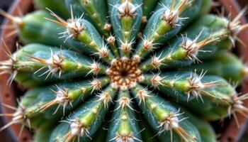 close up view of a symmetrical cactus pattern with radial spines and dusty green surfaces. photo