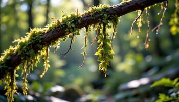 close up view of moss hanging from a tree branch in a humid forest environment with soft light beams. photo
