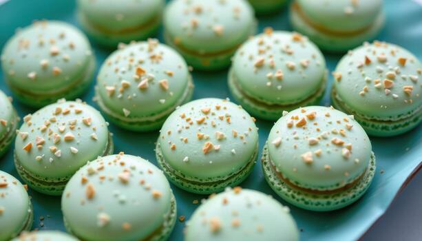 close up view of mint green macarons displayed in a diagonal pattern over soft blue paper. photo